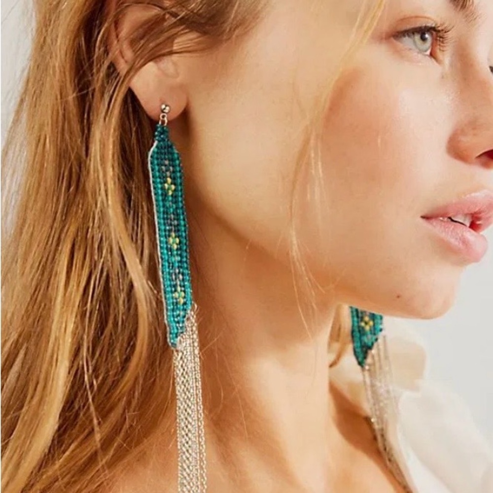 NWT Free People Teal and Yellow Beaded Tassel Earrings